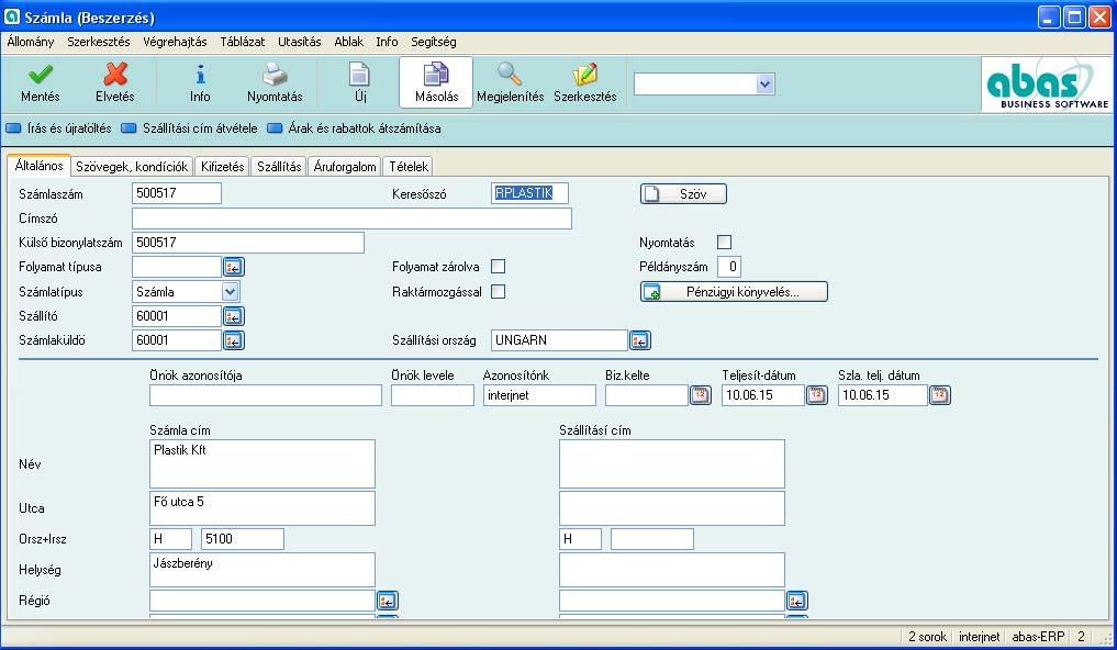 4 Program Manager Megkapja a Számla maszkot, a megrendelésen alapulóan.