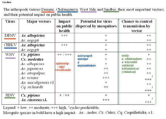 A Dengue (DENV), Chikungunya (CHIKV), West-Nile (WNV) és Sindbis (SINV) vírusokat leginkább terjesztõ szúnyog- vektor-fajokat tartalmazza az alábbi táblázat.