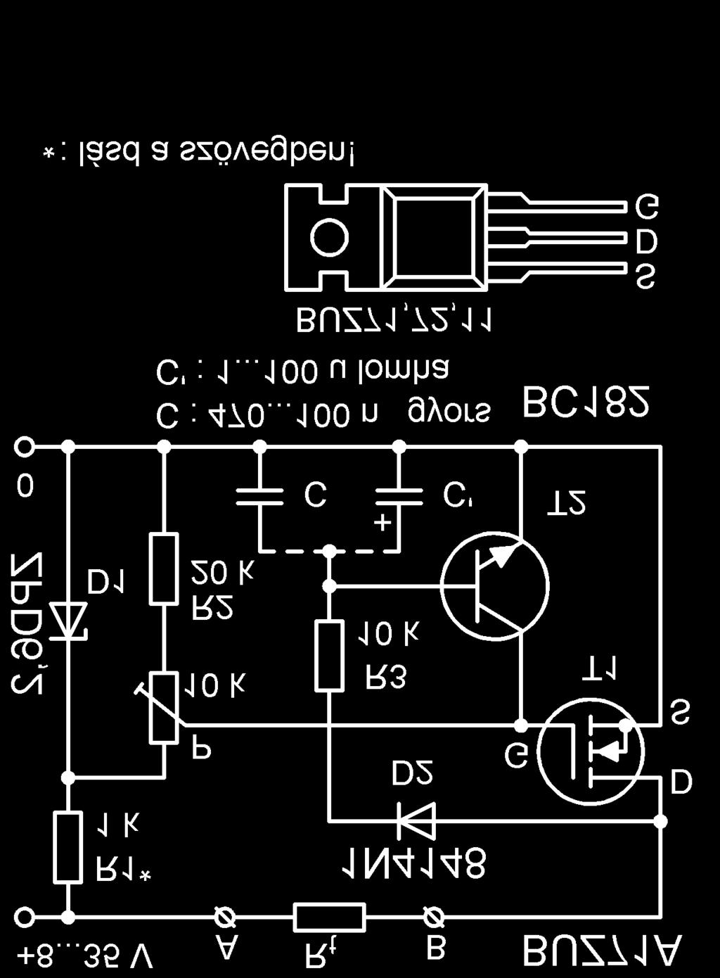 tranzisztor nyitásához szükséges feszültséget Z-diódával stabilizált feszültségosztóról vesszük le (P, R2). Ennek felső határa az Uz, az alsó 4 V körüli érték.