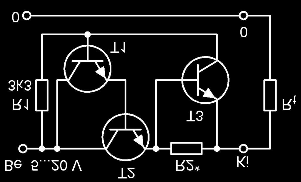 A védőkapcsolás úgy működik, hogy alaphelyzetben T1, T2 tranzisztorpár vezet, míg T3 lezárt állapotban van.