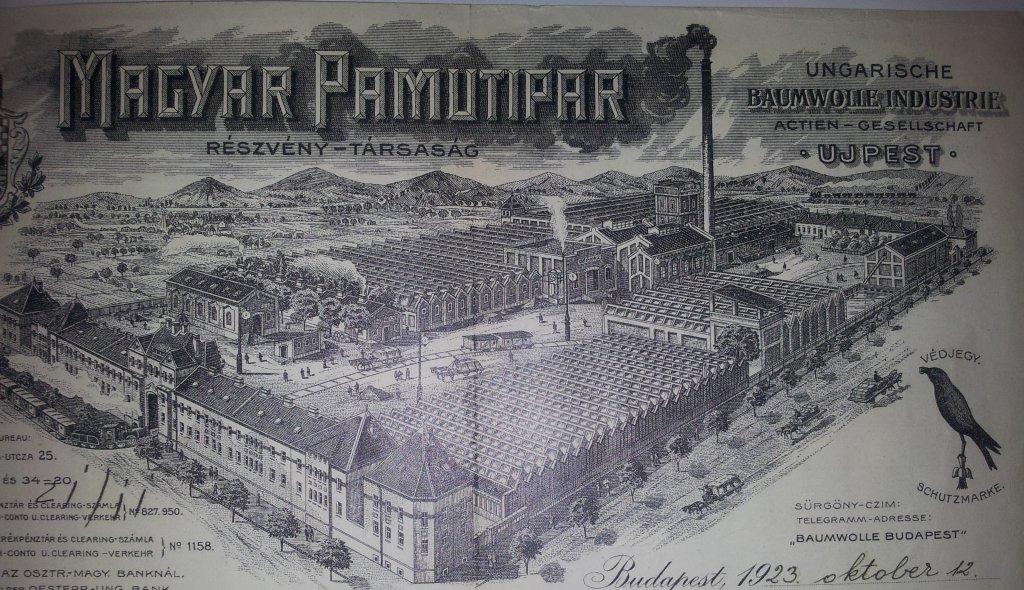 Magyar Pamutipar Részvény-társaság újpesten kiterjedt területen és sok munkást foglalkoztatva termelt.