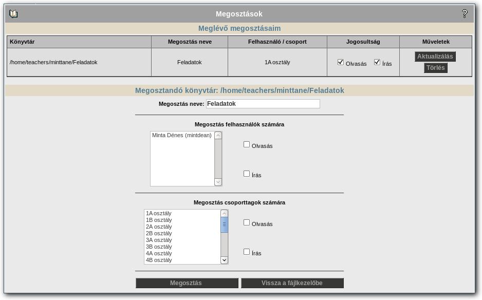 BIZTONSÁG Megosztások kezelése A fájlkezelőben az admin felhasználó számára látható a Felhasználói mappák könyvtár, amely felhasználói főcsoportok mappáit tartalmazza.