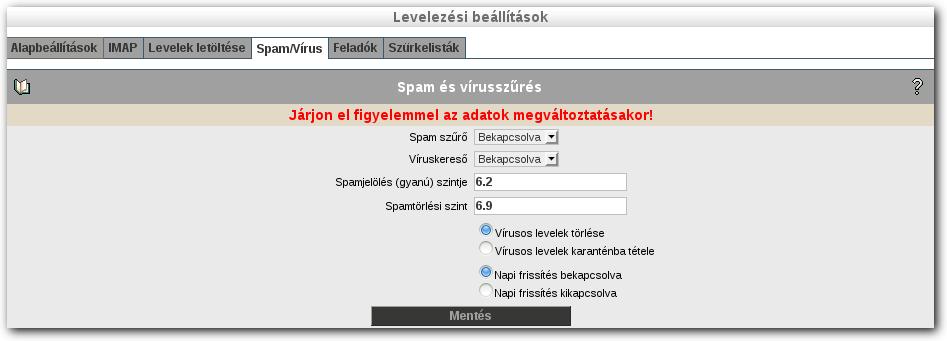 4 Spamszűrés és víruskeresés beállításai A Spam/Vírus fül alatt beállíthatja, hogy mi legyen a spamszűrés szintje, illetve mi történjen a vírusos levelekkel.