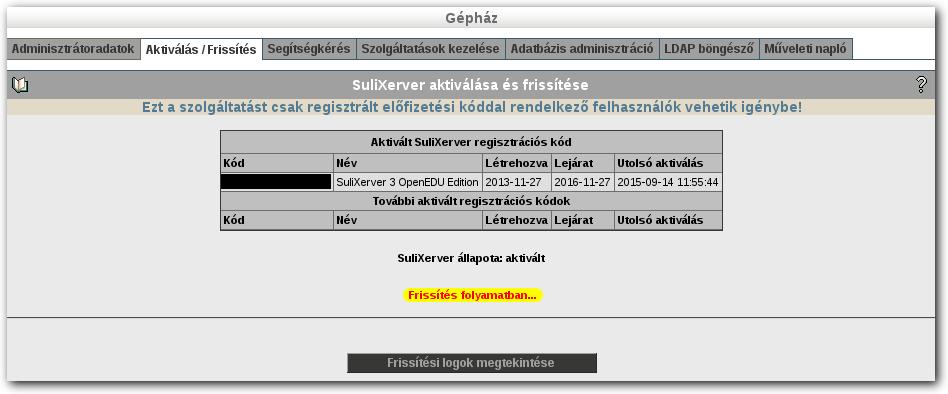 GÉPHÁZ Frissítés folyamatban Sikeres frissítés után a webes adminisztrációs felület két helyen is jelzi az eredményt: Az