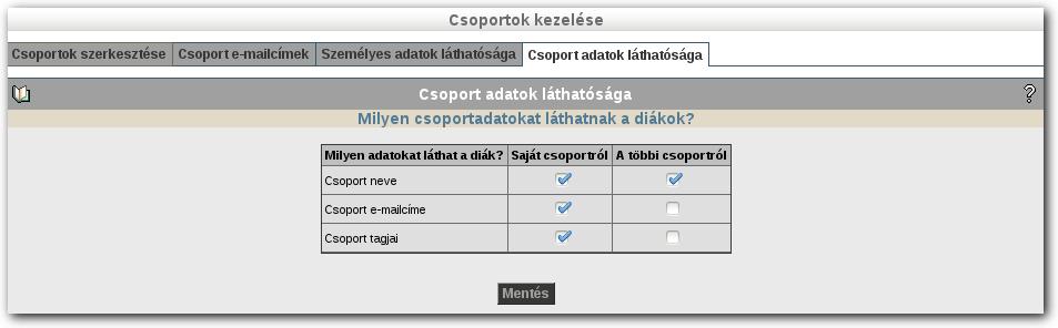 Kijelölhetjük, hogy a Névadatok, az Internetes elérési adatok, a Telefonos elérési adatok, a Címadatok és Egyéb személyes adatok közül milyen adatokat láthatnak a diákok a csoportmunka felület