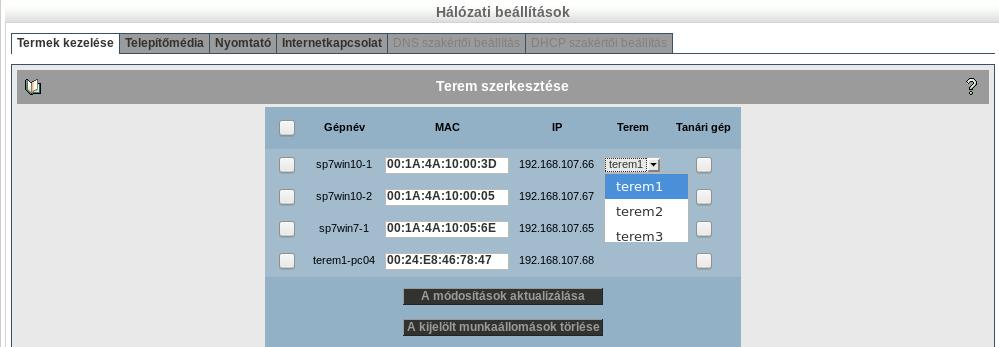 BELSŐ HÁLÓZAT A terem összes SuliX desktopján (kivéve tanári) a kijelentkező felhasználó teljes helyi saját könyvtárának törlése felirat alatt pipálja be a Törlést és kattintson az Aktualizálás