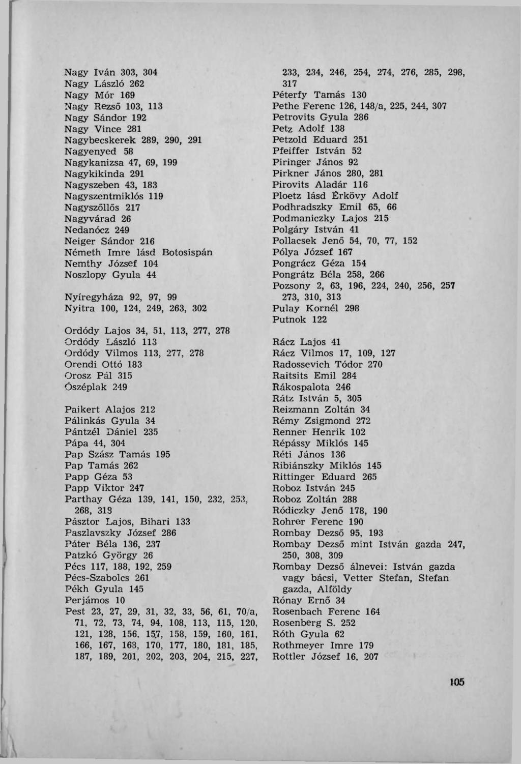 Nagy Iván 303, 304 Nagy László 262 Nagy Mór 169 Nagy Rezső 103, 113 Nagy Sándor 192 Nagy Vince 281 Nagybecskerek 289, 290, 291 Nagyenyed 58 Nagykanizsa 47, 69, 199 Nagykikinda 291 Nagyszeben 43, 183