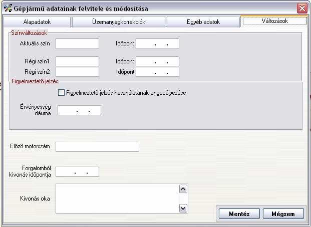 A {Változások} fülön a gépjármű bizonyos adatainak változásait tudjuk rögzíteni és így nyomon követni.