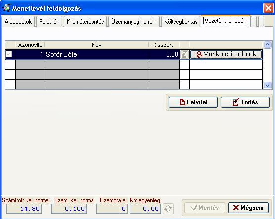 A {Vezetők, rakodók} fülön a program hozza az {Alapadatok} fülön felvitt vezetőt és a ledolgozott óraszámot.