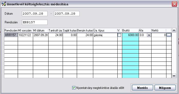 Menetlevél költségfelosztás módosítása Ezen a képernyőn van lehetőség arra, hogy a már rögzített benzinkúton tankolt üzemanyag értékét módosítsuk, majd a program által kiszámított felosztott