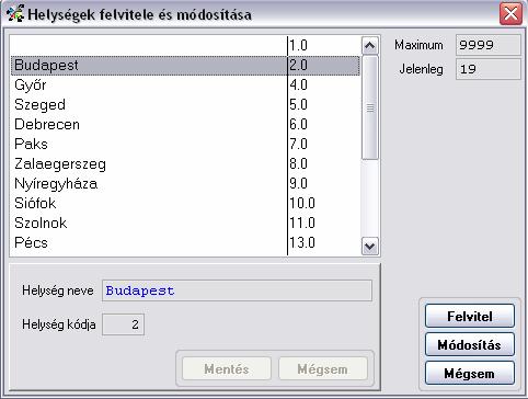 A [Módosítás] kapcsoló által pedig a már rögzített településnevek tudjuk