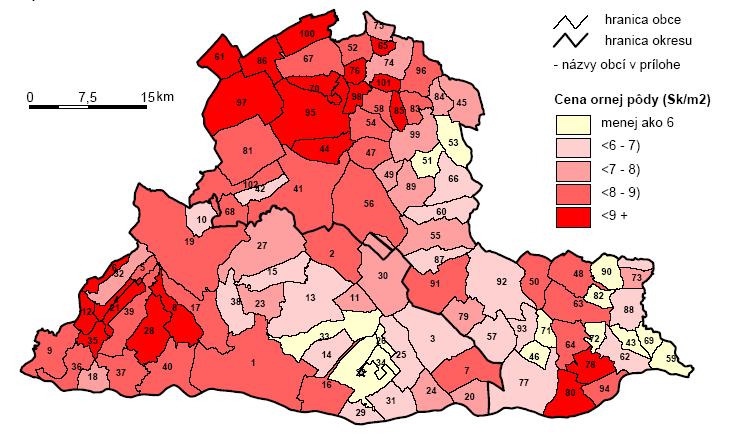 Socioekonomické lokalizačné faktory... 115 Mapa č. 6. Cena ornej pôdy v Sk/m Prameň: Zákon č. 91/2004 Z. z.