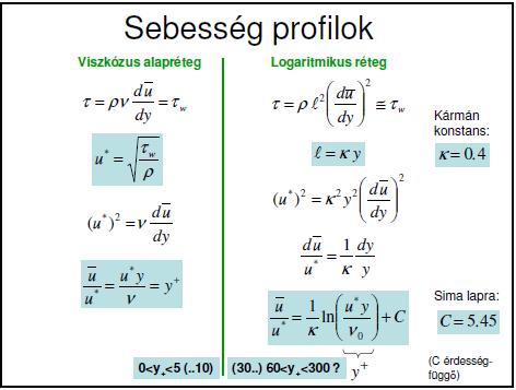 50) Vezesse le viszkózus alapréteg és a logaritmikus réteg sebességmegoszlását leíró dimenzió nélküli profilokat!