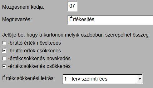 5. kép: Mozgásnem kód paraméterezése A mintaállományunk néhány leggyakrabban előforduló esetet tartalmaz. A mozgásnem kódok tetszőlegesen bővíthetők, törölhetők. 4.3.