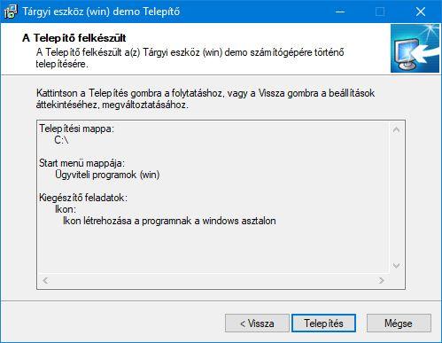 6. Összegzés A következő képernyőn megjelenik az előzőekben beállítottakról egy összesítés. 15. kép: Telepítés - összegzés Ezen a képernyőn ellenőrizhetők a beállítások.