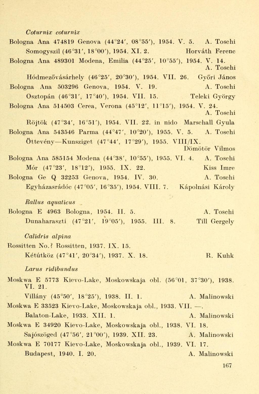 Coturnix coturnix Bologna Ana 474819 Genova (44 24', 08 55'), 1954. V. 5. Somogyszil (46 31', 18 00'), 1954. XI. 2. Horváth Ferenc Bologna Ana 489301 Modena, Emilia (44 25', 10 55'), 1954. V. 14.