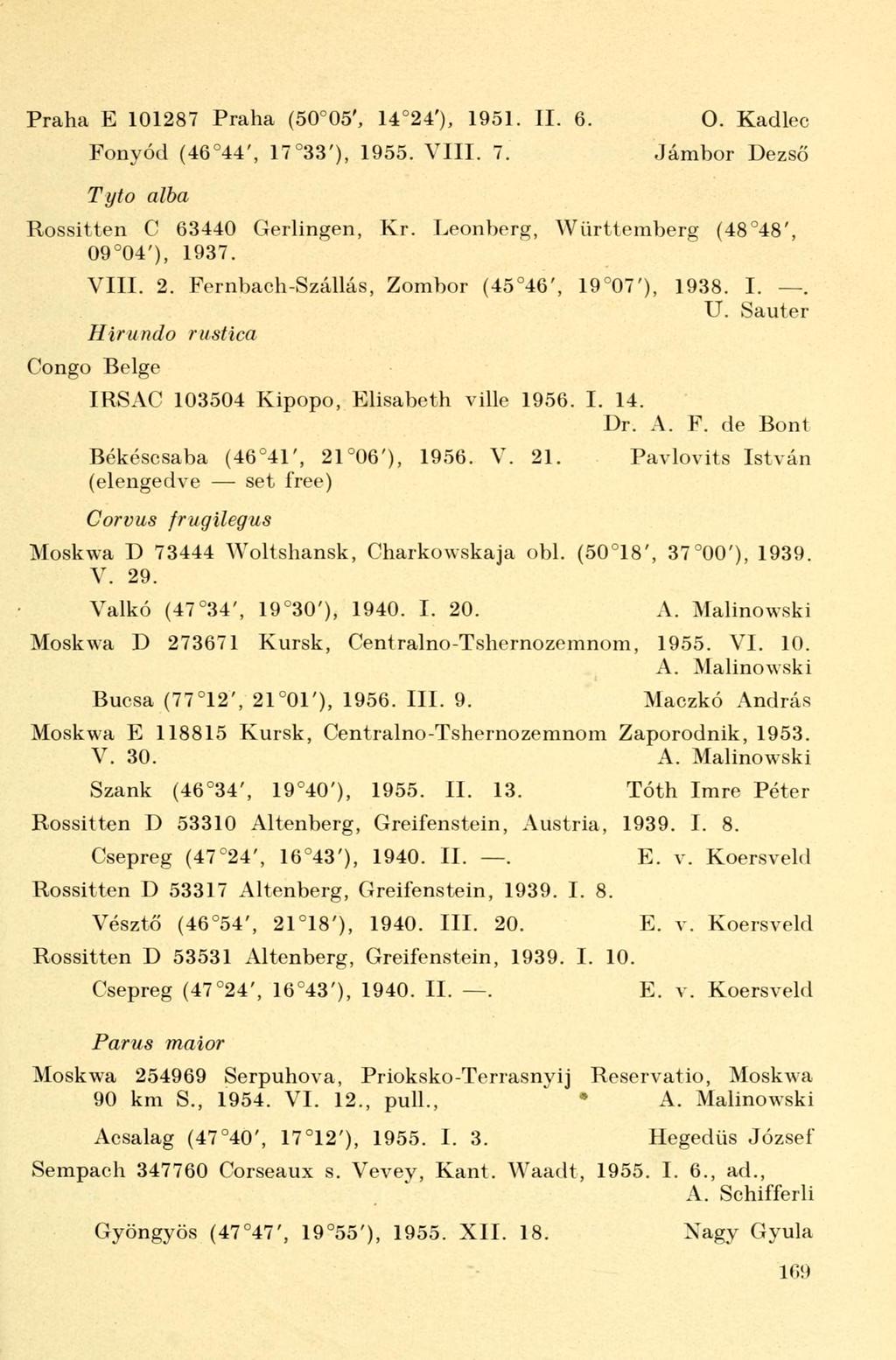 Praha E 101287 Praha (50 05', 14 24'), 1951. II. 6. Fonyód (46 44', 17 33'), 1955. VIII. 7. 0. Kadlec Jámbor Dezső Tyto alba Rossitten C 63440 Gerlingen, Kr. Leonberg, Württemberg 09 04'), 1937.