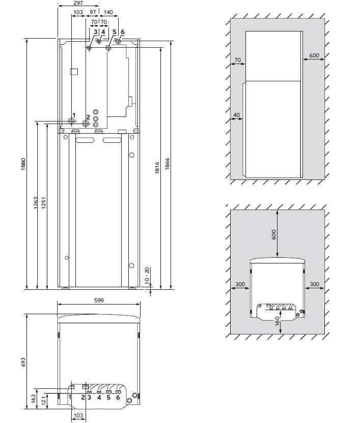 1.11 Csatlakozó és befoglaló méretek Az unitower VIH QW 190/1 E csatlakozó és befoglaló méretei (mm) 1 Előremenő csatlakozás (G1 1/4") a hőszivattyútól 2 Visszatérő csatlakozás (G1 1/4") a