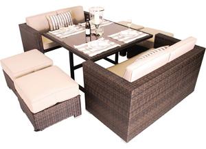 CAPRI 2 db, 2 személyes fotel 146*76*H73cm 1 asztal 125*125*H73cm 4 lábtartó 60*60*H35cm Aluminum rattan, fekete vagy fonat párnákkal,