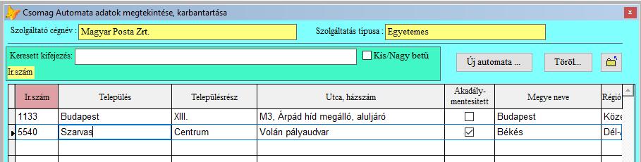 Egyetemes postai szolgáltatás esetén a következő menüpont indítja az adatok megjelenítését: A listázó ablak információként mutatja, hogy melyik szolgáltatás