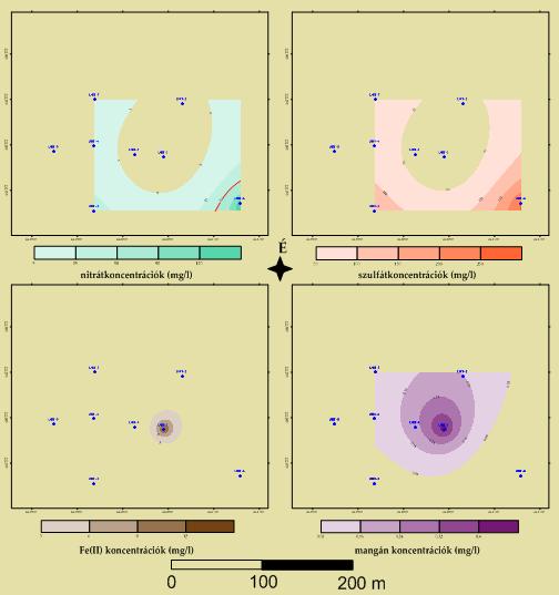19. ábra Oldott nitrát- és szulfát, Fe(II)- és mangán(ii) koncentrációk A transzport fő gátló tényezője a területen kimutatott biodegradációs aktivitás.