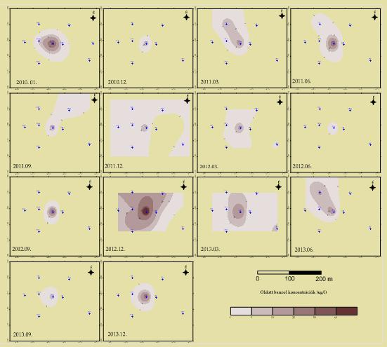 26. ábra Benzol koncentráció területi változása A többi komponense esetében ilyen változatossá nem figyelhető meg.
