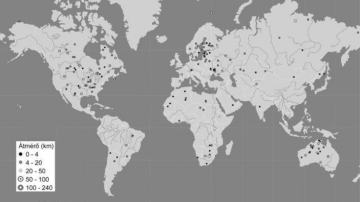 Meteoritkráterek a Földön (https://www.dmr.nd.gov) Körülbelül 170 becsapódás nyoma ismerhető fel a kontinenseken.