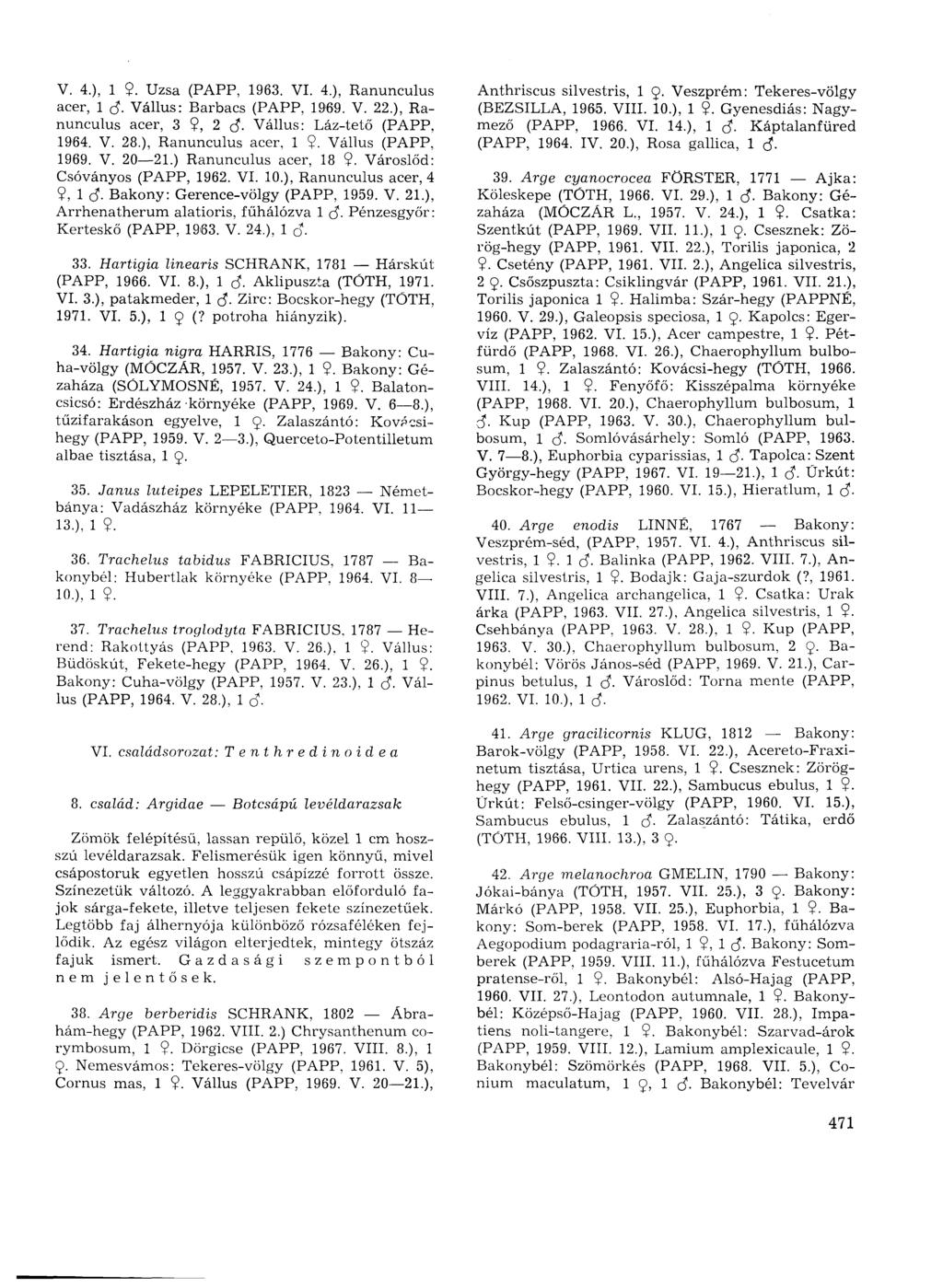 V. 4.), 1 $. Uzsa (PAPP, 1963. VI. 4.), Ranunculus acer, 1 ç$. Vállus: Barbacs (PAPP, 1969. V. 22.), Ranunculus acer, 3?, 2 d. Vállus: Láz-tető (PAPP, 1964. V. 28.), Ranunculus acer, 1?. Vállus (PAPP, 1969.