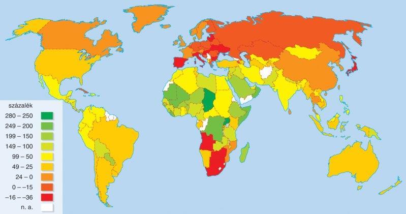 A Föld országainak becsült népességszám-változása 2000