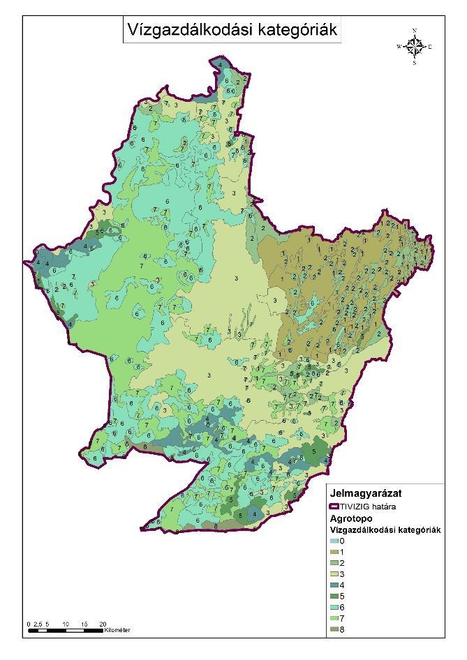 12. ábra: Vízgazdálkodási kategóriák a TIVIZIG területén Mennyiségi becslésre, valamint a 9 vízgazdálkodási kategória egyszerűsítésére (öntözésre javasolható,