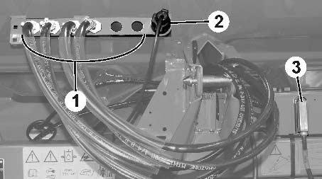 4.3 A traktor és gép közötti ellátó vezetékek Ellátóvezetékek nyugalmi pozícióban: 7 ábra/ (1) hidraulikatömlők felszereltségtől függően: (2)