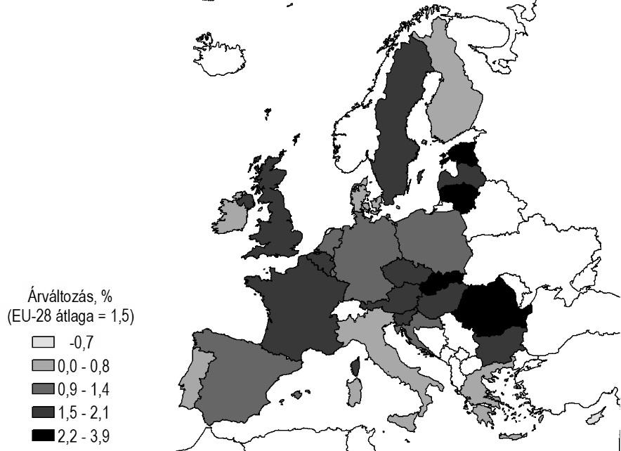 RÉSZLETES ÁTTEKINTÉS 45 2018. január áprilisban Cipruson 0,7%-kal csökkentek, az Európai Unió többi tagországában 0,3 és 3,9% közötti mértékben nőttek az árak az előző év azonos időszakához képest.