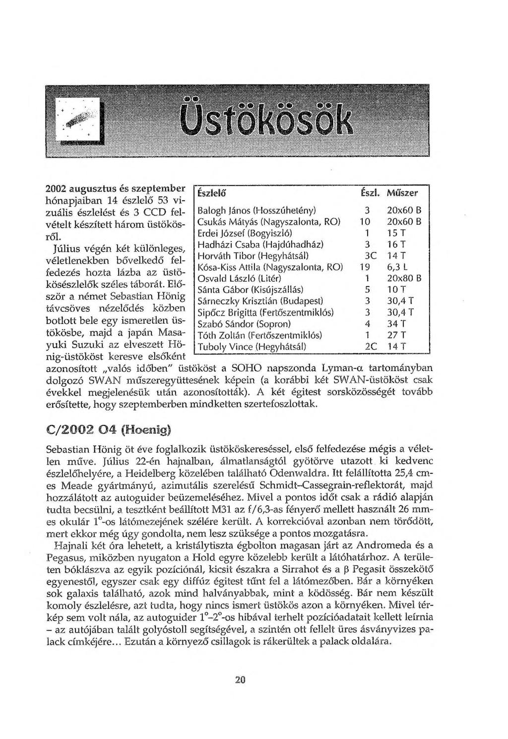 2002 augusztus és szeptember hónapjaiban 14 észlelő 53 vizuális észlelést és 3 CCD felvételt készített három üstökösről.