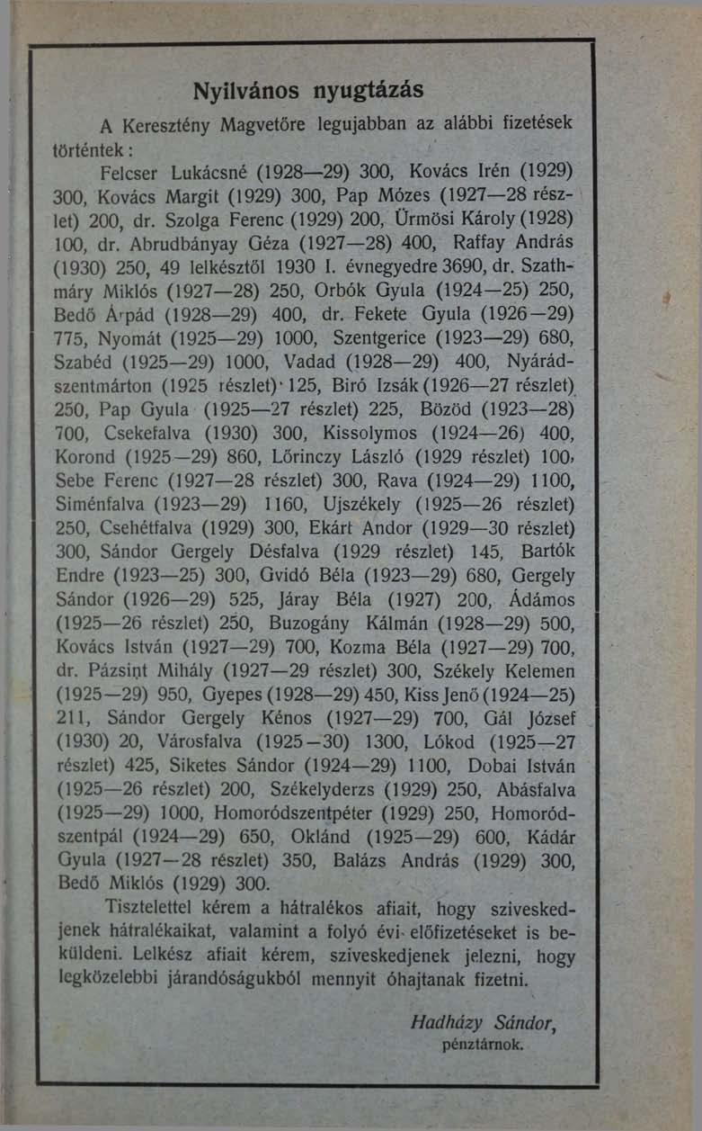 Nyilvános nyugtázás A Keresztény Magvetőre legújabban az alábbi fizetések történtek: Felcser Lukácsné (1928 29) 300, Kovács Irén (1929) 300, Kovács Margit (1929) 300, Pap Mózes (1927 28 részlet) 200,