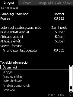 8.4.1 Aktuális vészjelzések (3.1) 8.4.3 Üzemmód (1.2.1) Magyar (HU) 14. ábra Aktuális vészjelzések A kijelző mutat minden aktív, nem nyugtázott hibát és figyelmeztetést. Erről bővebben lásd a 8.6.