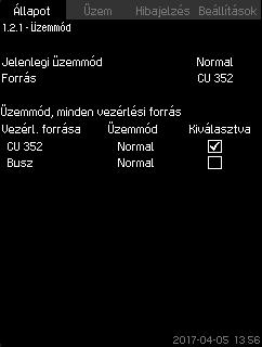 Lépjen át az alképernyőkre a további részletekért. A képernyőn az alábbi egyedi képernyőket nyithatja meg: Üzemmód Alapjel Alapjel állítás Mért értékek Analóg bemenetek Grafikon Akku állapota. 16.