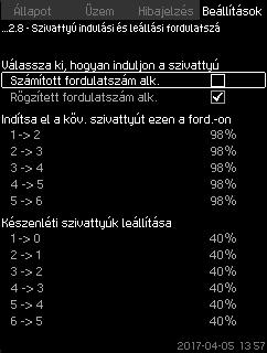 8.7.20 Szivattyú indulási és leállási fordulatszáma (4.2.8) Ez a funkció ellenőrzi a szivattyúk indítását és leállását. Két lehetőség van: 1. Számított fordulatszám alk.