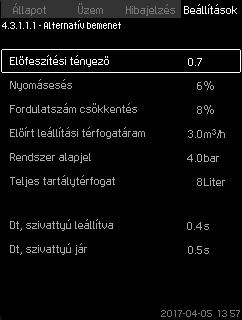 példa: Stop határérték növelése, Qmin (magas térfogatáram korlát) "Nyomásváltozás gradiense" növelés. "Idő változásának gradiense (szivattyú leáll)" csökkentés.