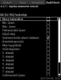 8.7.28 Digitális bemenetek funkciói (4.3.7.1) Digitális bemenet DI1 (CU 352) [10] DI2 (CU 352) [12] Funkció Külső start/stop. Nyitott érintkező = stop. Megjegyzés: Az 1. bemenet nem változtatható.