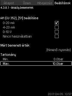 Magyar (HU) 8.7.30 Analóg bemenetek (4.3.8.1-4.3.8.7) 8.7.31 Analóg bemenetek és mért értékek (4.3.8.1.1-4.3.8.7.1) 83. ábra Analóg bemenetek A menüben az "Analóg bemenetek" funkció állítható be.