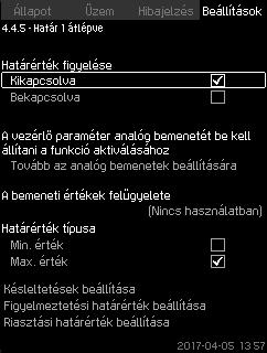 Hiba esetén a rendszer egy másik kézi üzemmódra vált át, például "Stop" módra. Digitális bemenet kiválasztása a funkcióhoz. Késleltetés beállítása az érintkező zárásától a CU 352 reagálásáig.