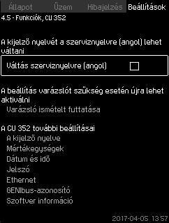 Magyar (HU) 8.7.62 Funkciók, CU 352 (4.5) 8.7.63 A kijelző nyelve (4.5.1) 120. ábra Funkciók, CU 352 Ebben az almenüben végezze el a CU 352 alapbeállításai.
