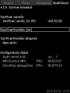 8.7.68 GENIbus-azonosító (4.5.6) 8.7.70 Állapotkijelző menü (4.6) Magyar (HU) 127. ábra GENIbus-azonosító A CU 352 RS-485 interfész útján (opció) tud külső egységekkel kommunikálni.