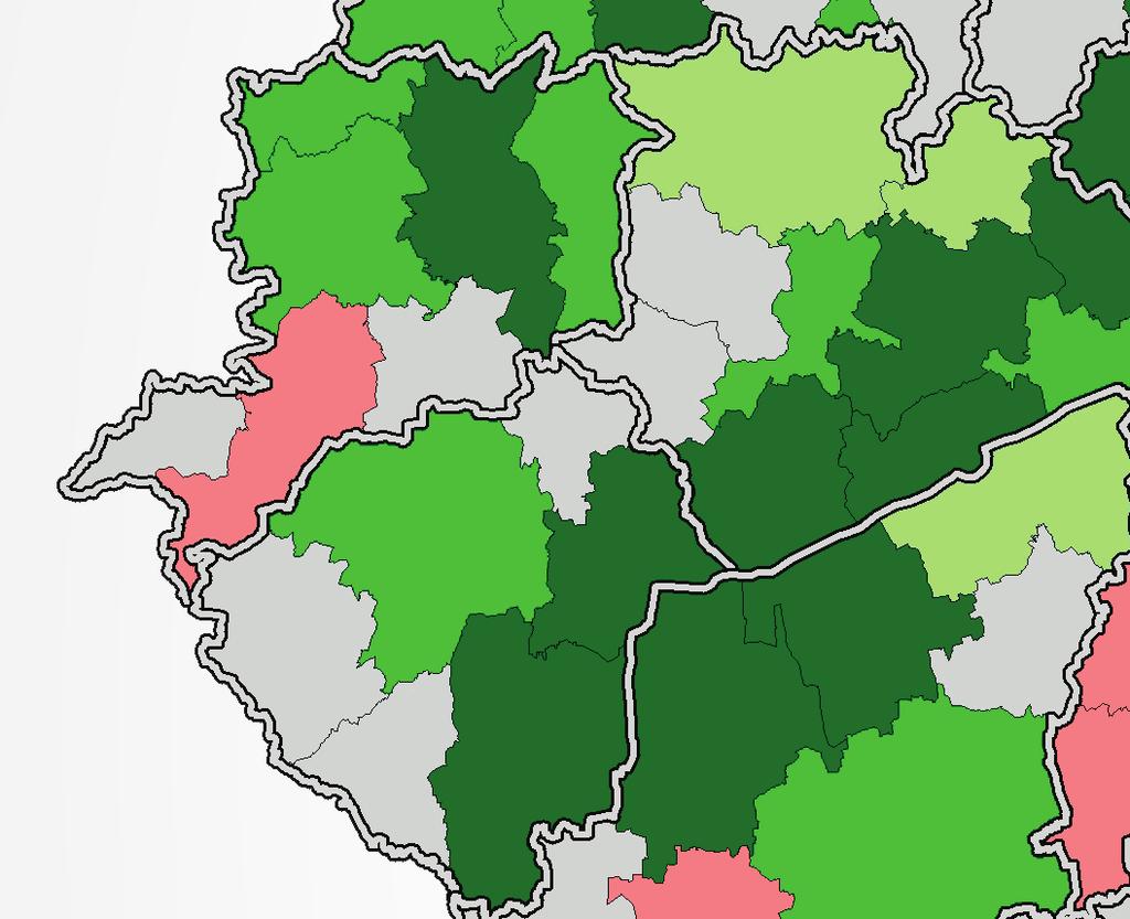 A legmagasabb kategóriát ezen belül is az a 62 területi egység képviseli, ahol a 2%-ot is meghaladja a drágulás; ebből 44 Pest megyei, budapesti vagy dunántúli (ld. sötétzöld színezés).