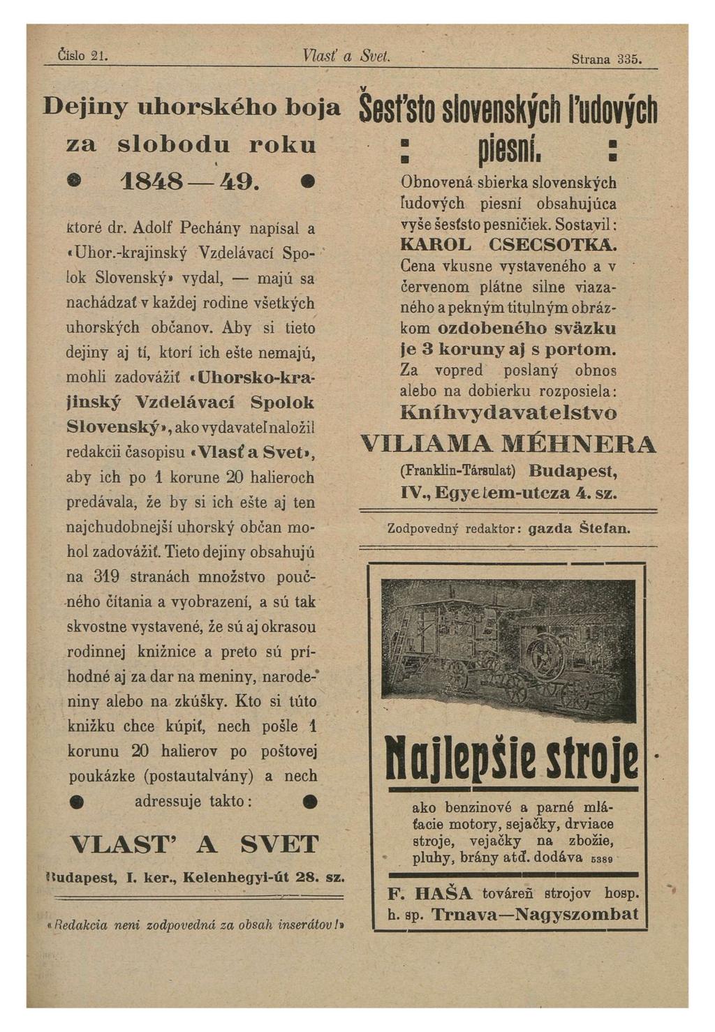 Číslo 21. Masť a Svet. Strana 335. Dejiny uhorského boja za slobodu roku 1848 49. ktoré dr. Adolf Pechány napísal a «Uhor.