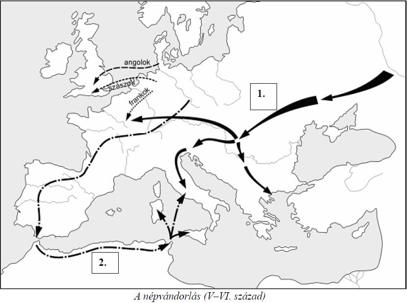 28. A feladat a népvándorlással kapcsolatos. (K/2) Oldja meg a feladatokat a forrás és a Történelmi atlasz felhasználásával! (Elemenként 0,5 pont.) a) Azonosítsa a térképen számmal jelölt népeket! 1.