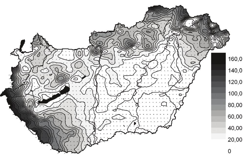 Magyarország többrétegű talajmodell alapján becsült vízmérlege a XX. században 79 8. ábra A talajvíztöbblet (mm m-1) évi összegének területi eloszlása 9.