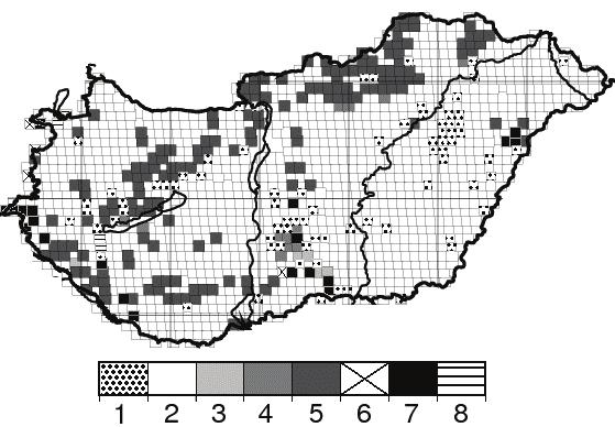 cserjés, 5. lombhullató erdő, 6. tűlevelű erdő, 7. elegyes erdő, 8. láp MTA TAKI AGROTOPO adatbázisában megtalálható termőréteg-vastagság (1C.