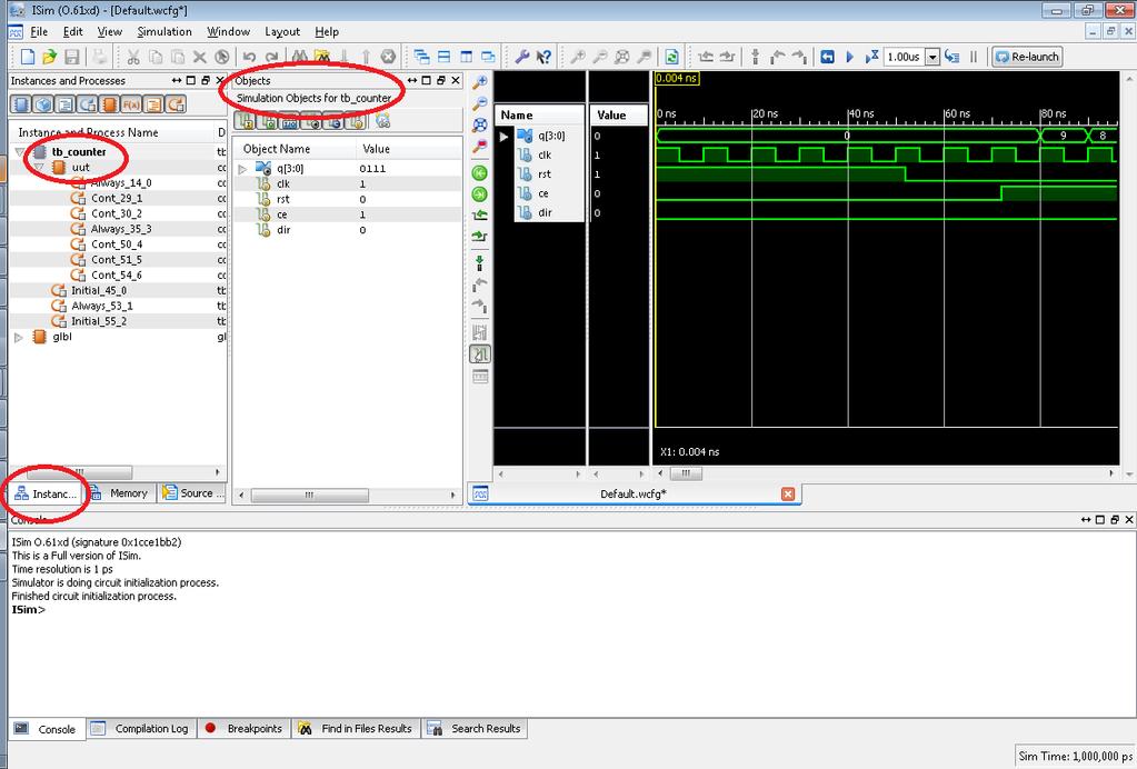 5. ábra A szimuláció eredménye a Xilinx ISE Simulator hullámforma ablakában Az egyes jelnevekre kattintva lehetőség van a kijelzés formátumát megváltoztatni.
