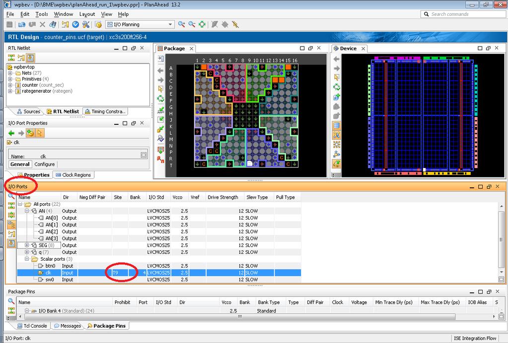 Ennek hatására elindul a Xilinx PlanAhead szoftver, amiben elvégezhetjük a top level port FPGA láb társításokat.